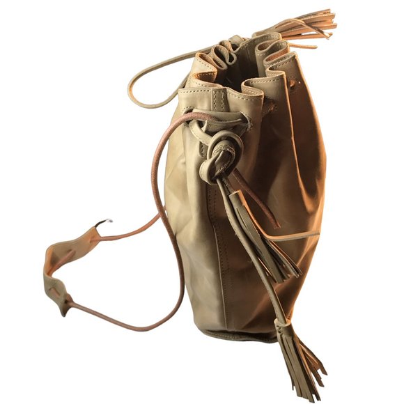 MONSERAT De LUCCA Sacha Beige Sand LEATHER Tassel Drawstring Fringe Bucket Bag! - Picture 10 of 13